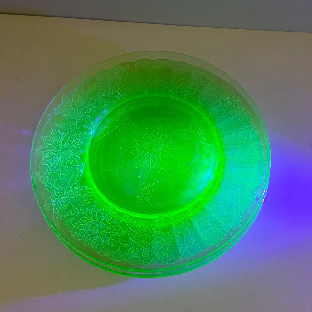 Westmoreland Uranium Glass Poinsettia Plates Green Depression Glass Set of 4 8"